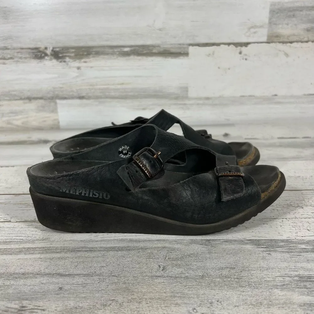 Mephisto Women's Sandals Mid Heel Slip On Buckle Leather Strap Black Size‎ 9